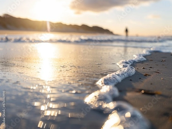 Fototapeta A beachcomber walking along the shore as the tides come and go, enjoying a peaceful holiday focus on, relaxation, vibrant, composite, seaside retreat