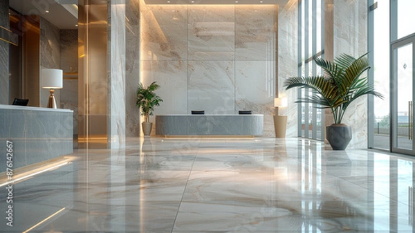 Fototapeta Part of Hotel lobby interior, modern style marble walls and floors, clean and tidy, hotel lobby and office as well as hospital lobby and other concepts.