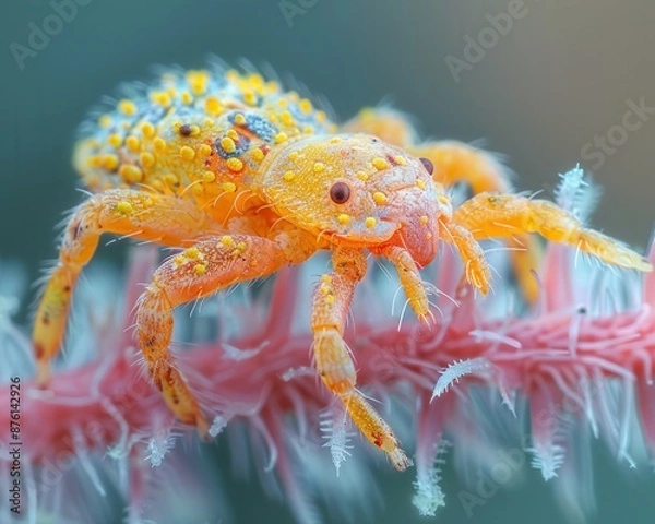 Obraz Extreme Close-Up Macro Shot of Bird Louse on Feathers Revealing Intricate Details of Body and Legs