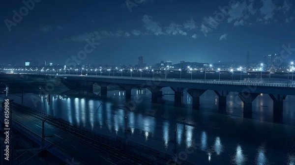 Fototapeta bridge, night, illuminated, lights, water, reflection, cityscape, skyline, dark, river, architecture, structure, glowing, twilight, urban, horizon, silhouette, beams, towers, cables, lanterns, moonlit