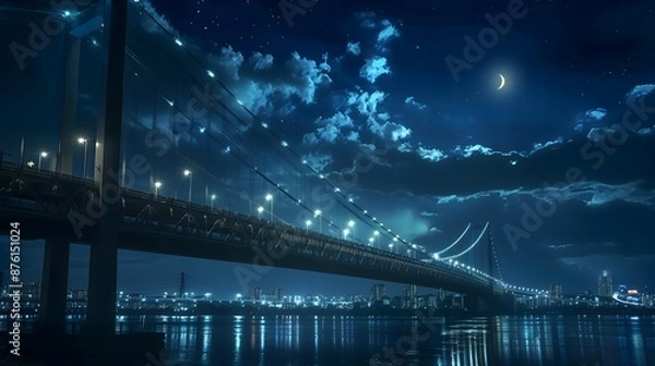 Obraz bridge, night, illuminated, lights, water, reflection, cityscape, skyline, dark, river, architecture, structure, glowing, twilight, urban, horizon, silhouette, beams, towers, cables, lanterns, moonlit