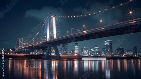Obraz bridge, night, illuminated, lights, water, reflection, cityscape, skyline, dark, river, architecture, structure, glowing, twilight, urban, horizon, silhouette, beams, towers, cables, lanterns, moonlit