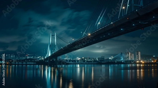 Obraz bridge, night, illuminated, lights, water, reflection, cityscape, skyline, dark, river, architecture, structure, glowing, twilight, urban, horizon, silhouette, beams, towers, cables, lanterns, moonlit