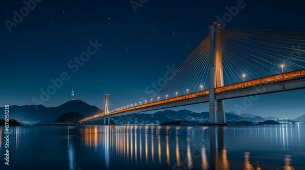 Obraz bridge, night, illuminated, lights, water, reflection, cityscape, skyline, dark, river, architecture, structure, glowing, twilight, urban, horizon, silhouette, beams, towers, cables, lanterns, moonlit