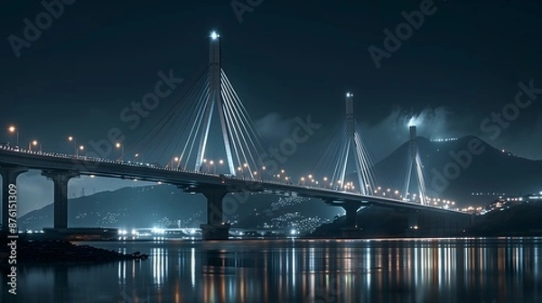 Fototapeta bridge, night, illuminated, lights, water, reflection, cityscape, skyline, dark, river, architecture, structure, glowing, twilight, urban, horizon, silhouette, beams, towers, cables, lanterns, moonlit