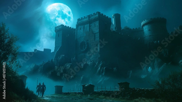 Fototapeta Medieval castle illuminated by a full moon