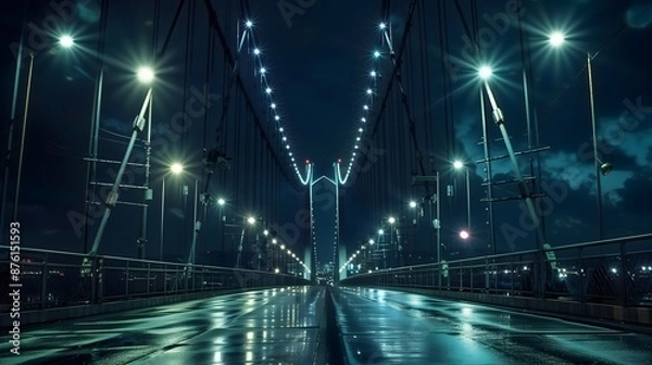 Obraz bridge, night, illuminated, lights, water, reflection, cityscape, skyline, dark, river, architecture, structure, glowing, twilight, urban, horizon, silhouette, beams, towers, cables, lanterns, moonlit