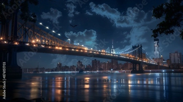 Obraz bridge, night, illuminated, lights, water, reflection, cityscape, skyline, dark, river, architecture, structure, glowing, twilight, urban, horizon, silhouette, beams, towers, cables, lanterns, moonlit