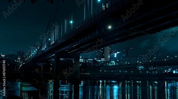 Obraz bridge, night, illuminated, lights, water, reflection, cityscape, skyline, dark, river, architecture, structure, glowing, twilight, urban, horizon, silhouette, beams, towers, cables, lanterns, moonlit