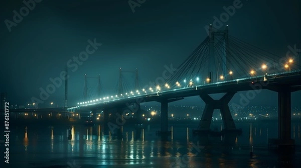 Fototapeta bridge, night, illuminated, lights, water, reflection, cityscape, skyline, dark, river, architecture, structure, glowing, twilight, urban, horizon, silhouette, beams, towers, cables, lanterns, moonlit