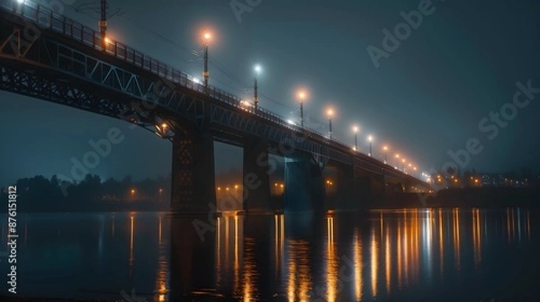 Obraz bridge, night, illuminated, lights, water, reflection, cityscape, skyline, dark, river, architecture, structure, glowing, twilight, urban, horizon, silhouette, beams, towers, cables, lanterns, moonlit
