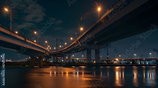 Obraz bridge, night, illuminated, lights, water, reflection, cityscape, skyline, dark, river, architecture, structure, glowing, twilight, urban, horizon, silhouette, beams, towers, cables, lanterns, moonlit