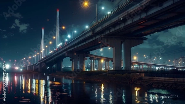 Fototapeta bridge, night, illuminated, lights, water, reflection, cityscape, skyline, dark, river, architecture, structure, glowing, twilight, urban, horizon, silhouette, beams, towers, cables, lanterns, moonlit