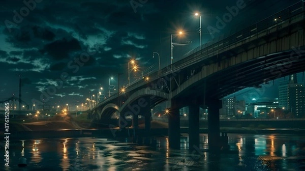 Obraz bridge, night, illuminated, lights, water, reflection, cityscape, skyline, dark, river, architecture, structure, glowing, twilight, urban, horizon, silhouette, beams, towers, cables, lanterns, moonlit