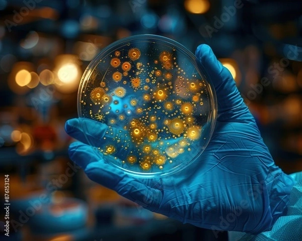 Obraz Illuminated Bacterial Colonies in Petri Dish Held by Gloved Hand - Copy Space for Text Above