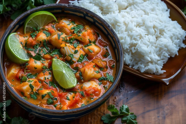 Fototapeta Spicy Fish Stew with Rice and Lime in Bowls. Bowl of spicy fish stew with rice and lime garnished with cilantro