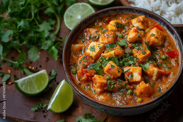 Fototapeta Spicy Fish Stew with Rice and Lime in Bowls. Bowl of spicy fish stew with rice and lime garnished with cilantro