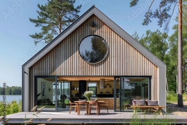 Fototapeta Modern lake house with large round window and open living space