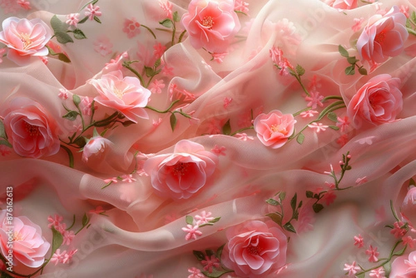 Fototapeta Delicate Pink Floral Embroidery on Sheer Fabric. Detailed view of delicate pink floral embroidery on sheer fabric with three-dimensional flower accents