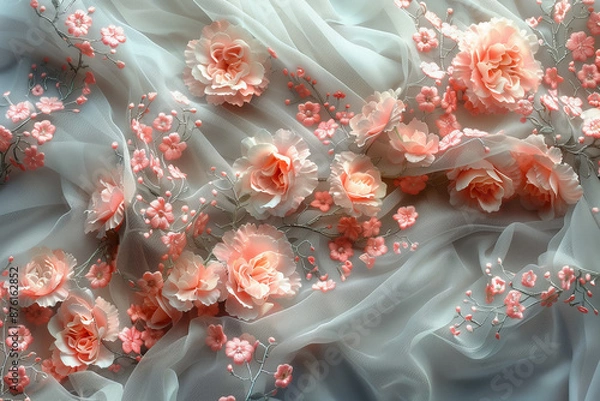 Fototapeta Delicate Pink Floral Embroidery on Sheer Fabric. Detailed view of delicate pink floral embroidery on sheer fabric with three-dimensional flower accents