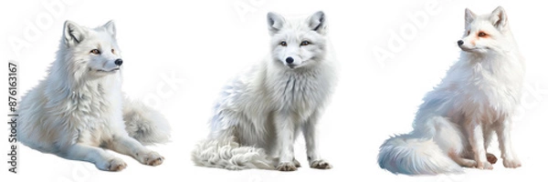 Obraz Three white foxes are sitting on a white background, isolated on transparent background