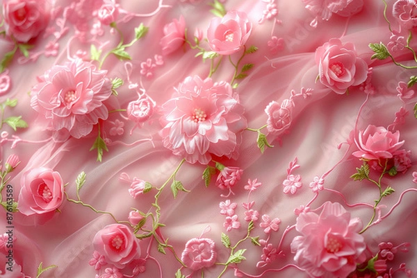Fototapeta Delicate Pink Floral Embroidery on Sheer Fabric. Detailed view of delicate pink floral embroidery on sheer fabric with three-dimensional flower accents