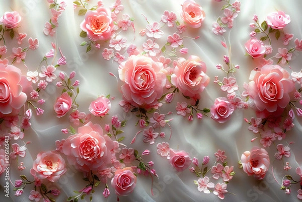 Fototapeta Delicate Pink Floral Embroidery on Sheer Fabric. Detailed view of delicate pink floral embroidery on sheer fabric with three-dimensional flower accents