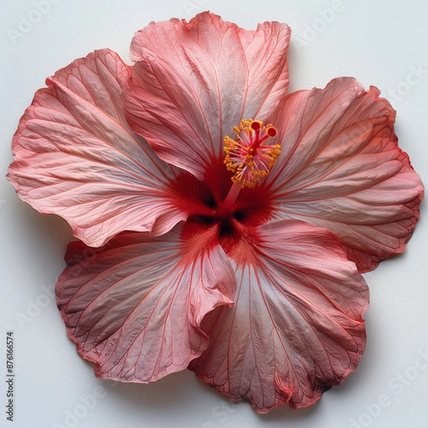 Fototapeta Close-Up of Pink Hibiscus Flower on White Background. Detailed close-up of a pink hibiscus flower with vibrant petals on a white background