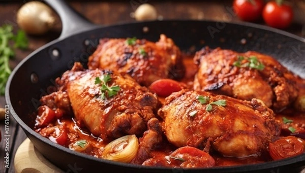 Fototapeta Hot barbecue chicken with spicy onion tomato sauce close-up in a frying pan on the table. horizontal 
