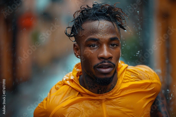 Fototapeta Focused Athlete Running in the Rain. Close-up of a focused male athlete running in the rain wearing a yellow jacket.