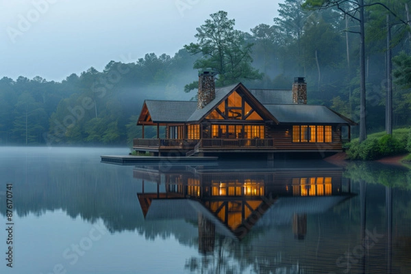 Fototapeta Cozy Lakeside Cabin at Dusk. Warmly lit cabin by the lake with serene reflections at dusk.