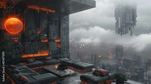 Fototapeta Futuristic Lounge with Cityscape View