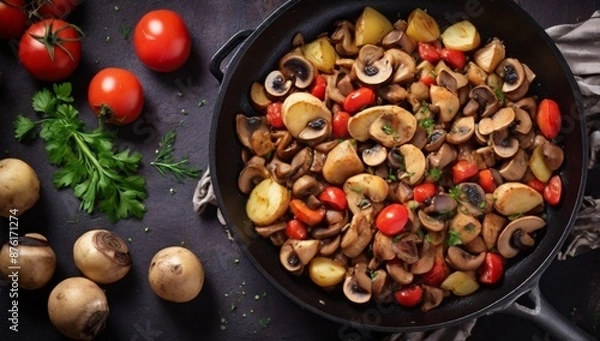 Fototapeta Stir Fry Chicken with mushrooms, tomatoes and potato on a frying pan, close-up. View from above. Copy space