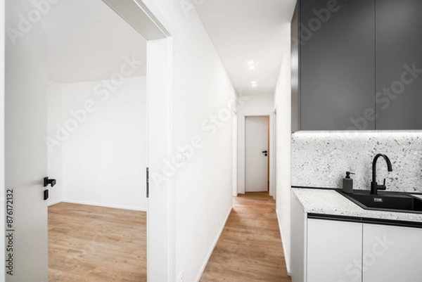 Fototapeta A modern kitchen with black upper cabinets, a granite countertop and backsplash, a black sink, wooden parquet flooring, and a view into an empty corridor and adjacent rooms.