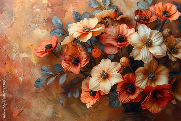 Fototapeta Elegant Floral Arrangement in Warm Tones. Beautiful floral arrangement with orange, yellow, and white flowers against a warm-toned background.