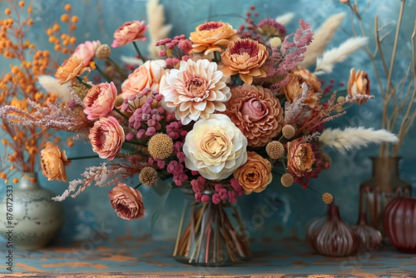 Fototapeta Elegant Floral Arrangement in Warm Tones. Beautiful floral arrangement with orange, yellow, and white flowers against a warm-toned background.