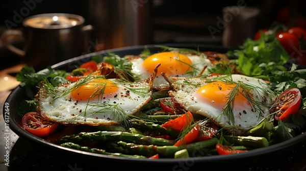 Fototapeta Fried egg with asparagus tomato and bacon useful breakfast