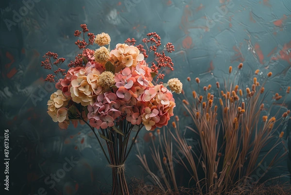 Fototapeta Elegant Floral Arrangement in Warm Tones. Beautiful floral arrangement with orange, yellow, and white flowers against a warm-toned background.