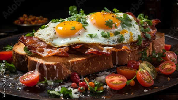 Fototapeta Fried egg, beans, tomatoes, mushrooms, bacon and toast