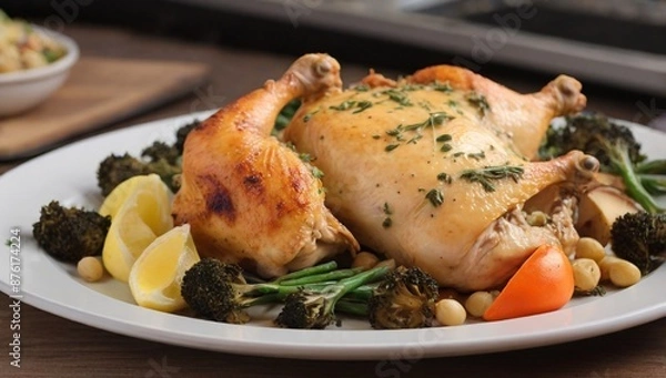 Fototapeta Baked chicken for dinner with Laurier