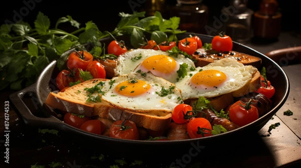 Fototapeta Fried egg, beans, tomatoes, mushrooms, bacon and toast