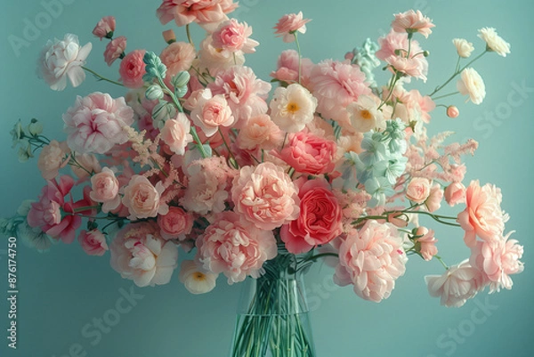 Fototapeta Delicate Peach and Pink Ranunculus Bouquet. Close-up of a bouquet of delicate peach and pink ranunculus flowers with a soft green background.