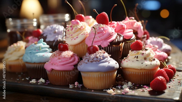 Fototapeta high view tasty cupcake and fork