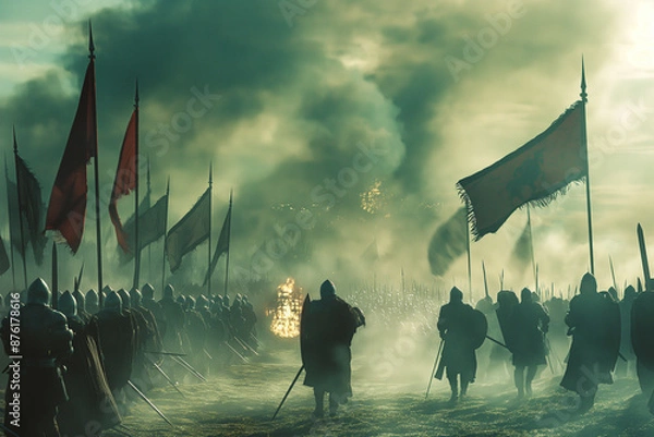 Fototapeta Epic battle scene between two armies of knights