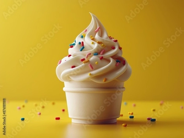 Fototapeta Soft serve ice cream with sprinkles in a cup against a yellow backdrop