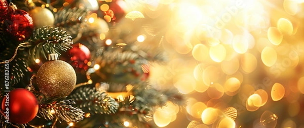 Fototapeta Close-up of a Christmas tree adorned with golden lights and colorful baubles, festive atmosphere. Banner with copy space