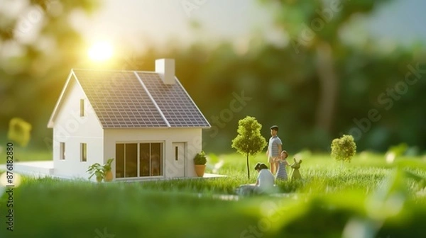 Fototapeta Happy family holding paper model of house with solar panels.Alternative energy, saving resources and sustainable lifestyle concept