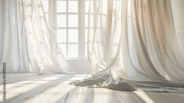 Fototapeta White linen curtains fluttering in the wind