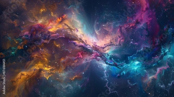 Fototapeta This image depicts a vibrant and colorful cosmic nebula featuring an array of stars, swirls of light, and interstellar clouds in mesmerizing hues of purple, blue, and yellow.