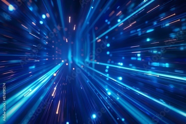 Fototapeta 3d render, abstract blue background with glowing lines and stripes in motion. Digital technology concept. Abstract digital backdrop. Blue light rays on dark background. Big data wallpaper